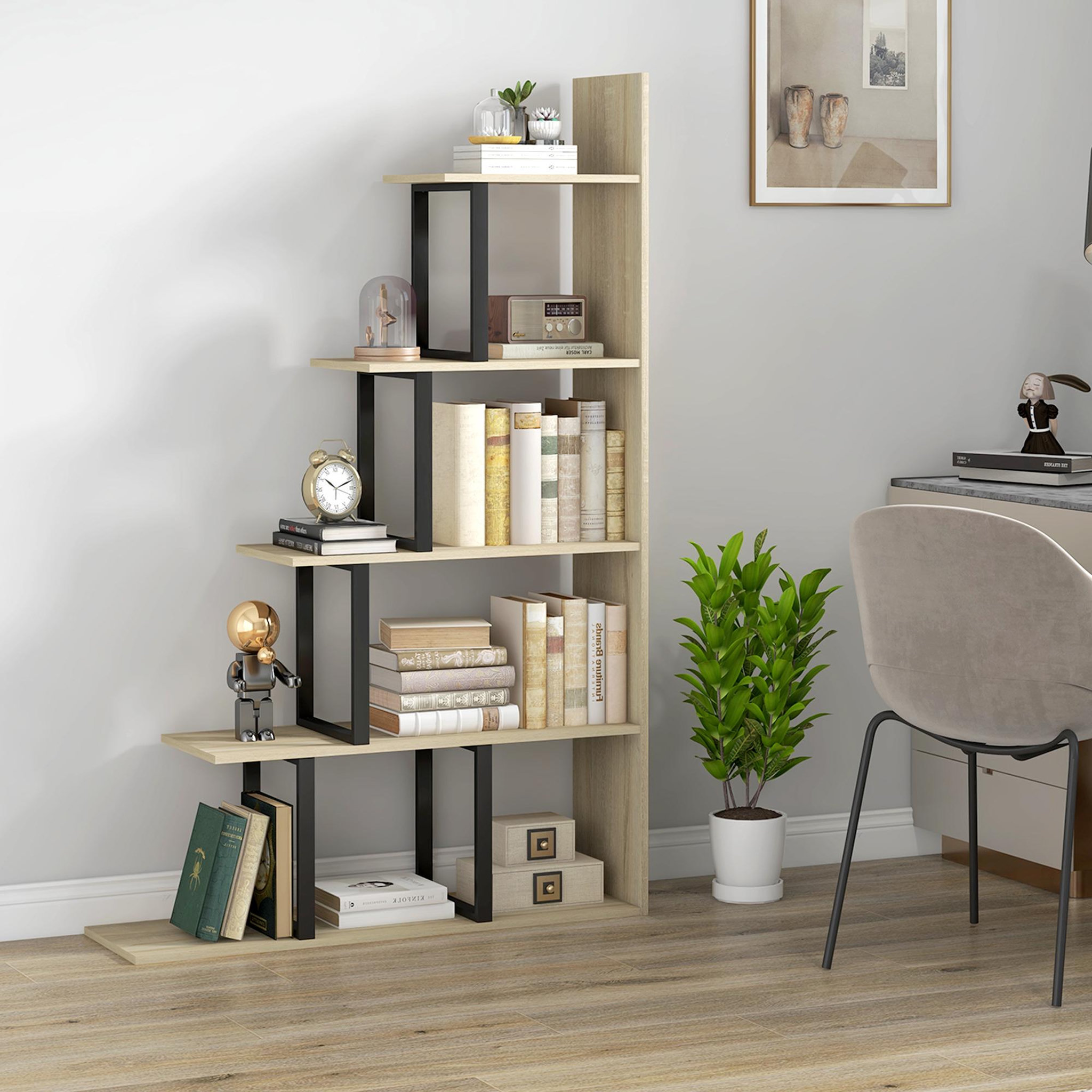 Voir la diapositive 2 : HOMCOM Étagère bibliothèque séparateur de pièce style industriel en escalier 5 étagères acier noir panneaux aspect bois chêne clair
