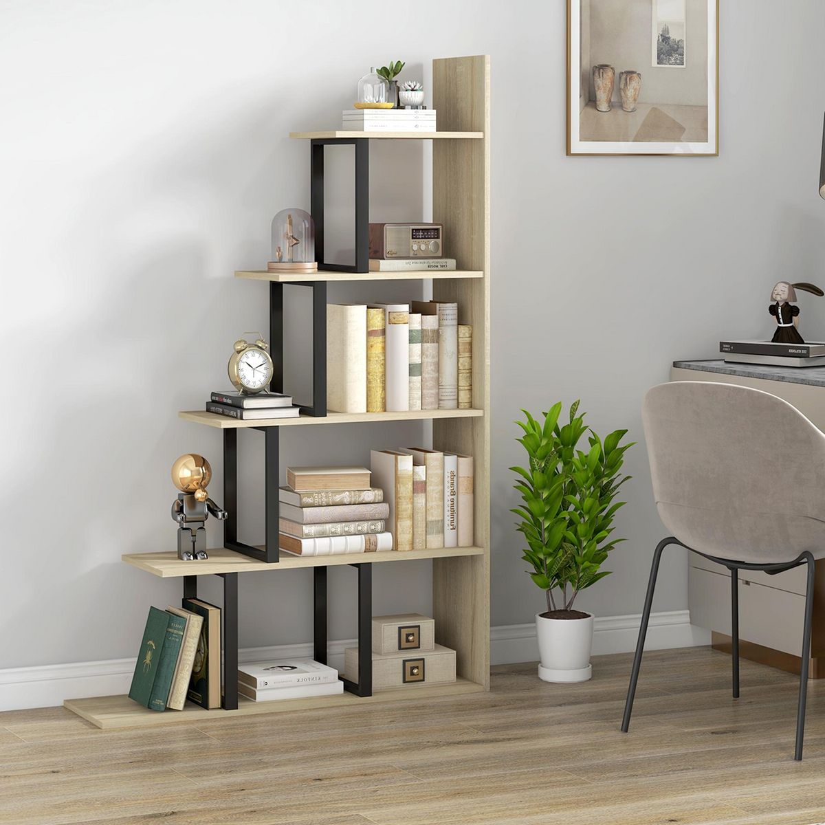 HOMCOM Étagère bibliothèque séparateur de pièce style industriel en escalier 5 étagères acier noir panneaux aspect bois chêne clair