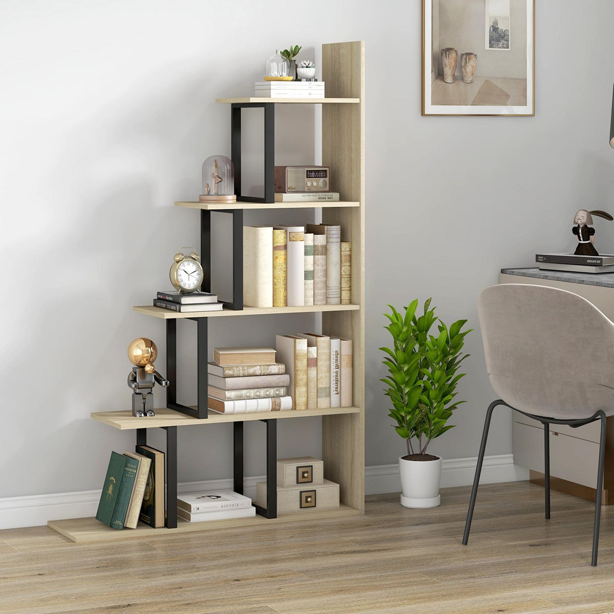 HOMCOM Étagère bibliothèque séparateur de pièce style industriel en escalier 5 étagères acier noir panneaux aspect bois chêne clair