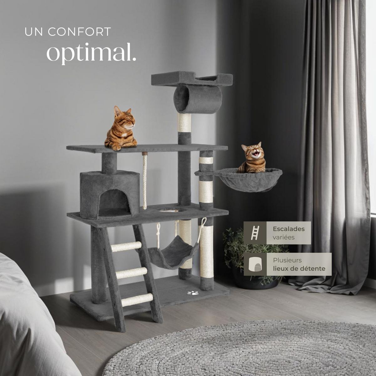 tectake Arbre à chat 141 cm avec griffoir et plateforme d'escalade gris
