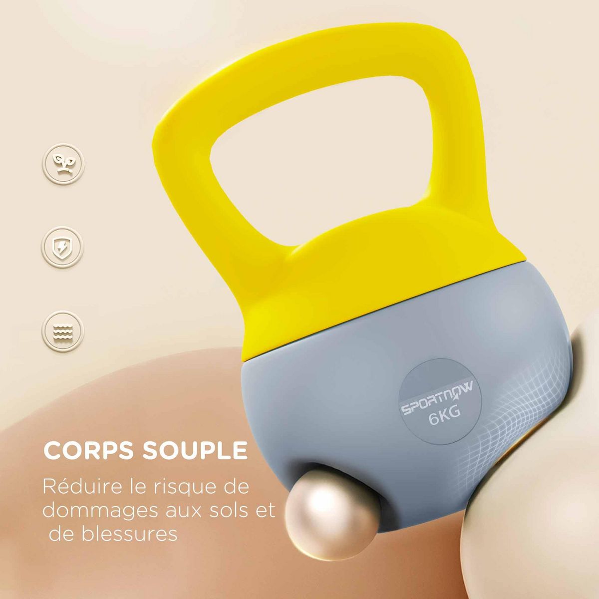 HOMCOM Kettlebell 6 Kg - prise ergonomique - entraînement musculaire & haltérophilie - PVC gris jaune
