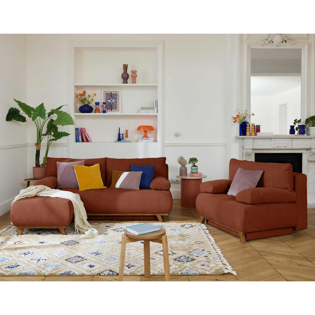 BEST MOBILIER Cristal - canapé 3 places - convertible avec coffre et pouf - en velours texturé