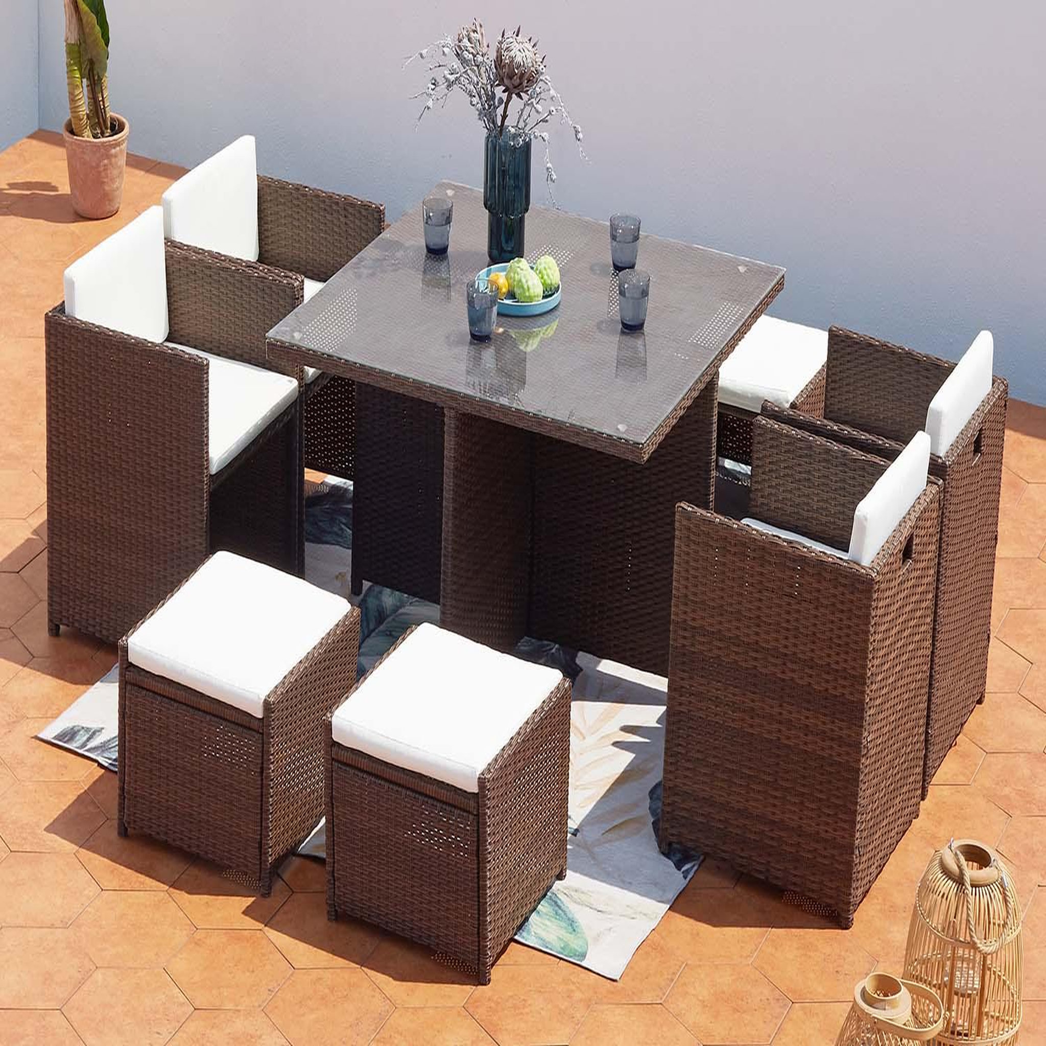 Voir la diapositive 2 : CONCEPT USINE Table et chaises 8 places encastrables résine marron-blanc miami
