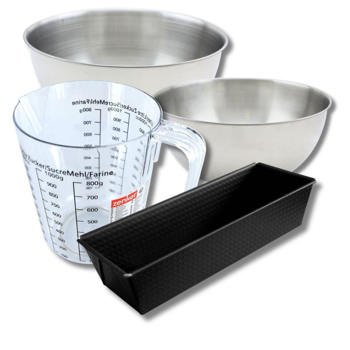 ZENKER Set pâtisserie avec moule à cake 25 cm, 2 bols à mixer, verre mesureur et spatule Zenker