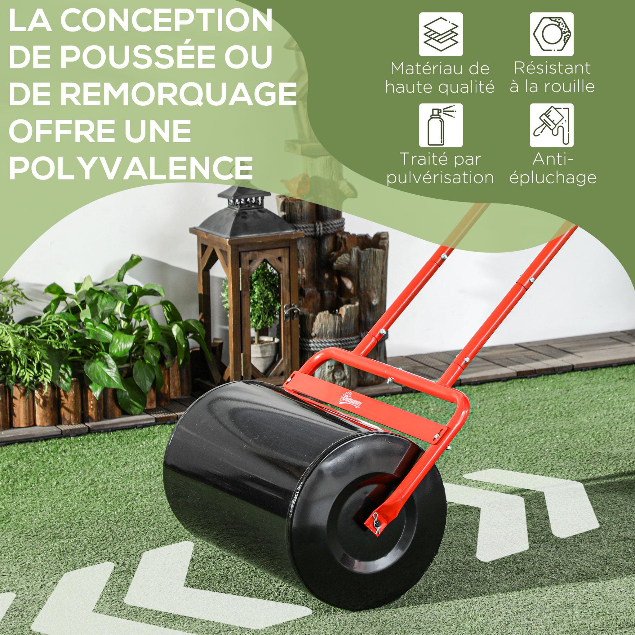 Voir la diapositive 6 : OUTSUNNY Rouleau à gazon jardin en acier avec poignée dim. 59l x 32l x 113h cm lestage max. 38 l rouge noir