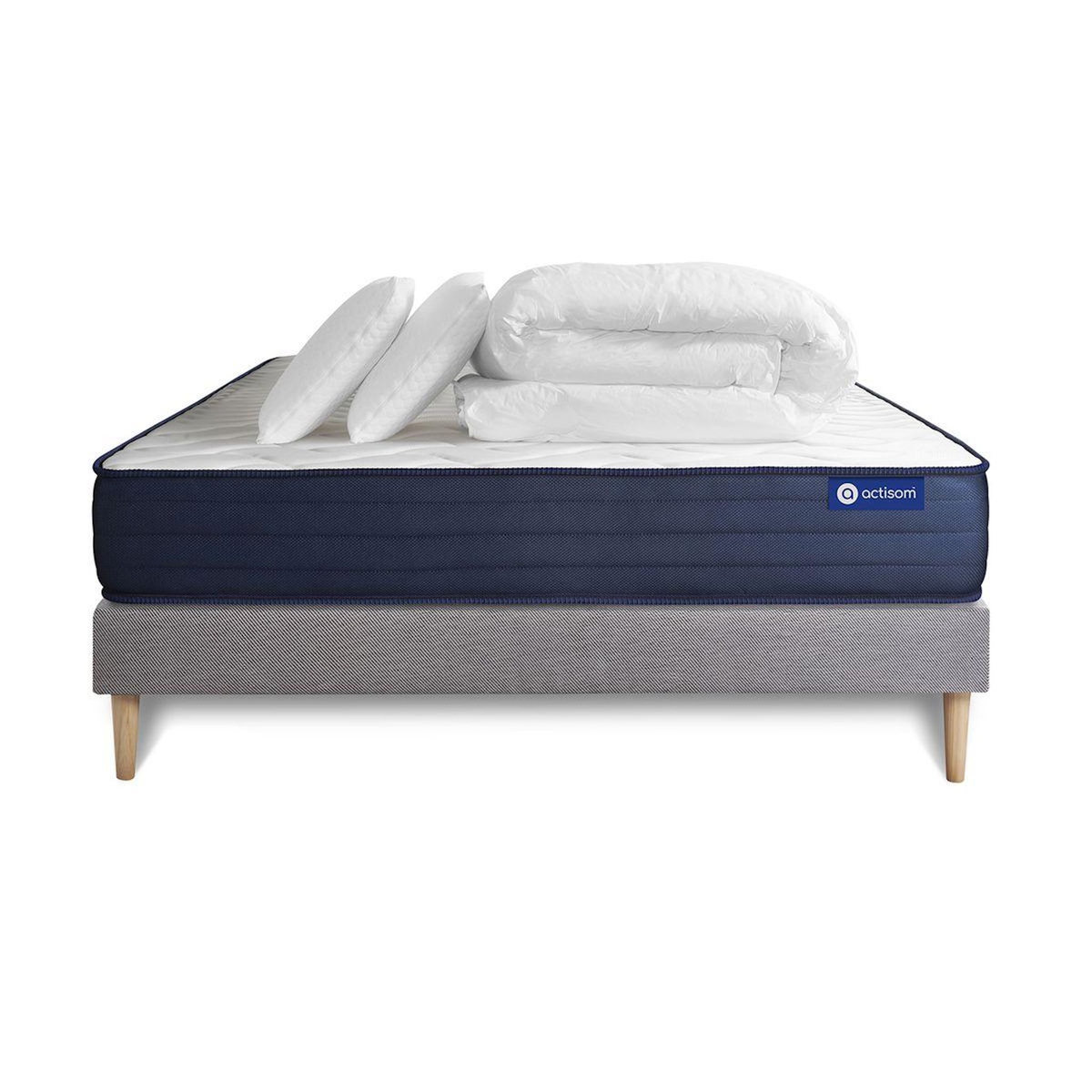 ACTISOM Pack prêt à dormir matelas ACTIFLEX LIFE 140x190 Ressorts ensachés + Mémoire de forme + sommier KIT gris +2oreillers+couette