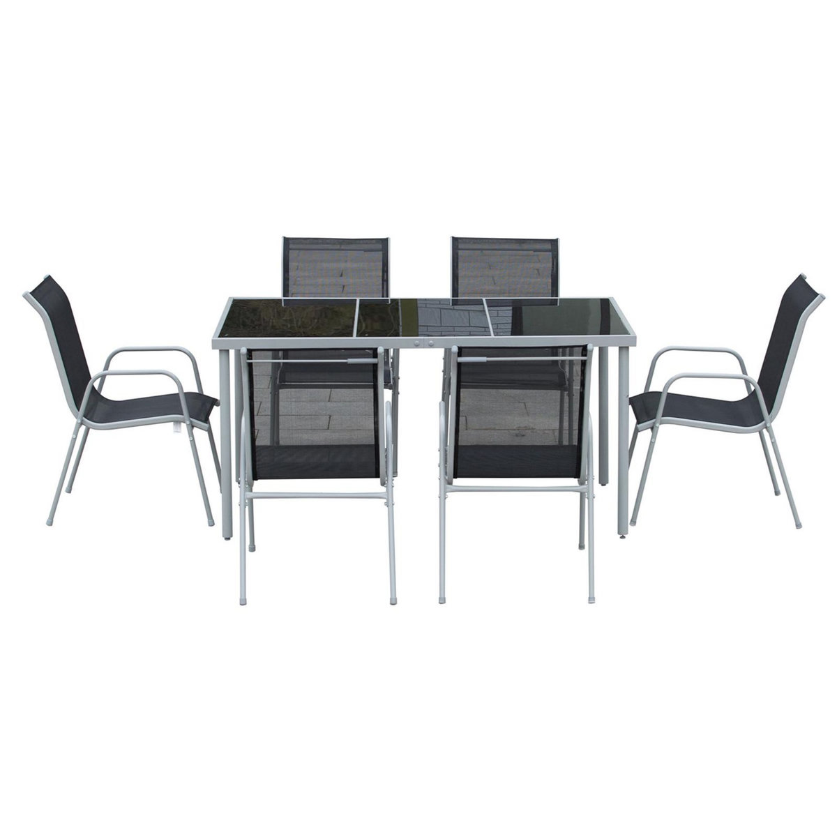OUTSUNNY Ensemble de jardin 6 pers. 6 chaises empilables table plateau verre trempé 5 mm métal époxy gris textilène noir