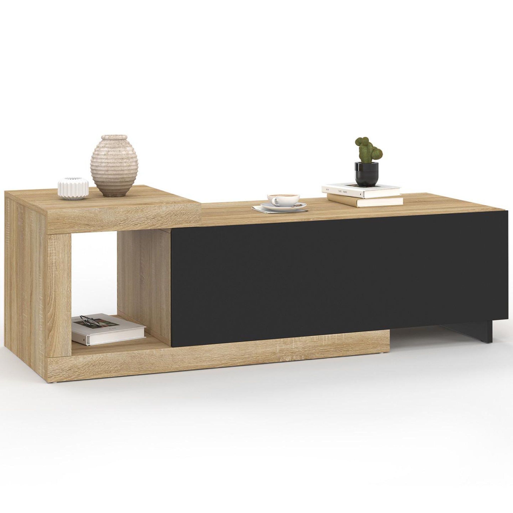 ID MARKET Table basse extensible rectangulaire raphael 100-130 cm 1 porte bois et noir