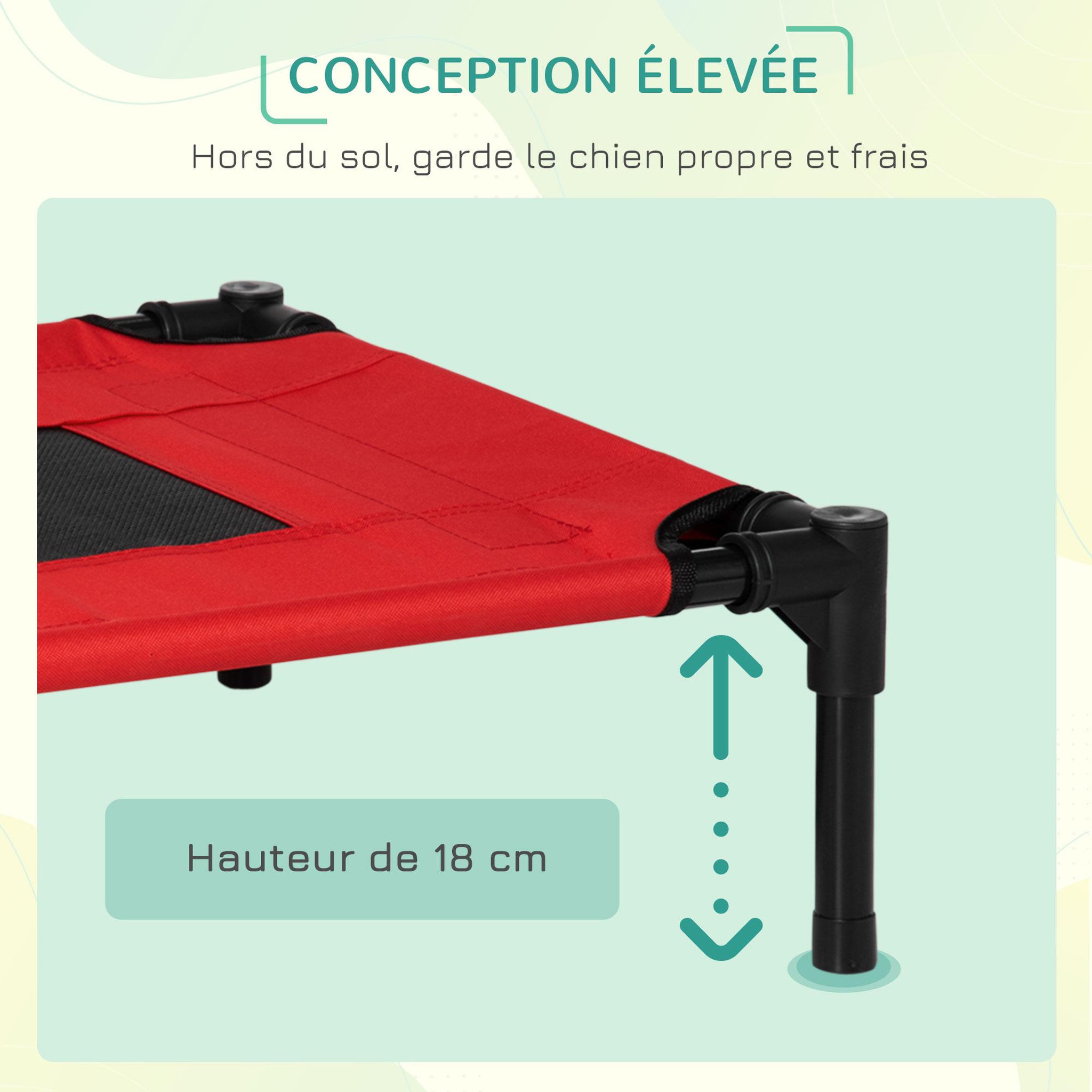 Voir la diapositive 5 : PAWHUT Lit surélevé pour chien chat dim. 61L x 46l x 18H cm avec sac métal époxy tissu oxford textilène micro-perforé rouge noir