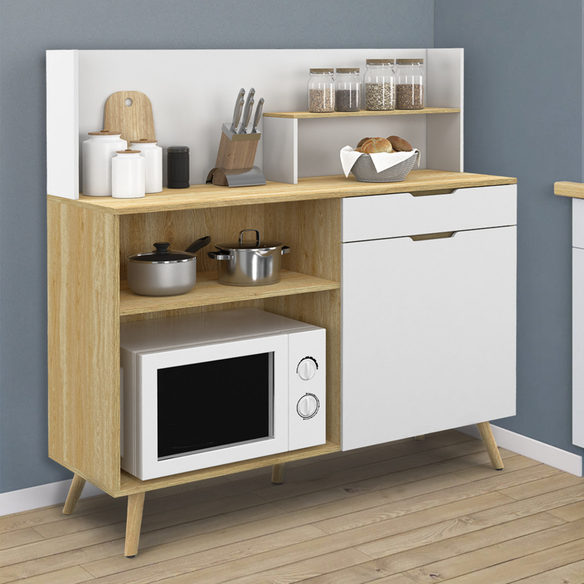 ID MARKET Buffet bas de cuisine 120 CM OLAF plan de travail H.83 cm 1 porte + 1 tiroir façon hêtre et blanc