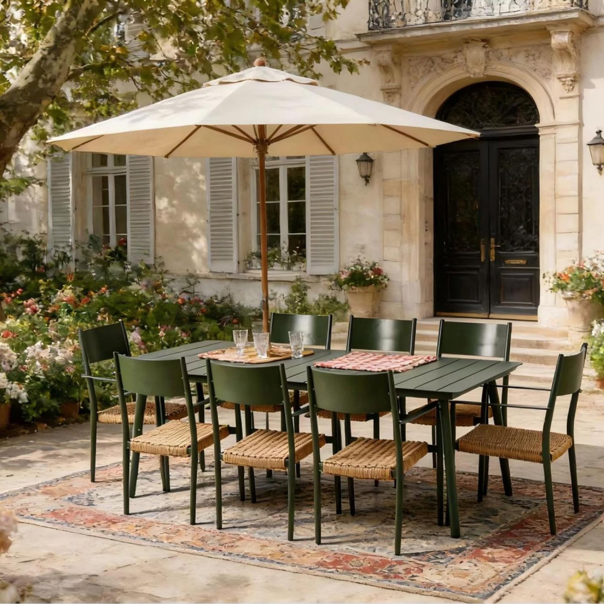 CONCEPT USINE Ensemble table de jardin 200 cm et 8 fauteuils kaki effet rotin CANBERRA