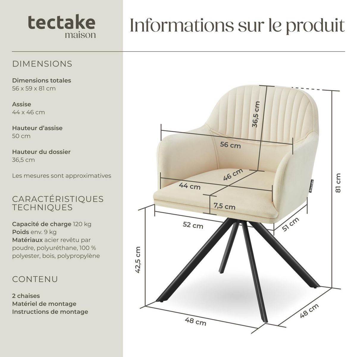 tectake Chaise pivotante en velours rembourrée crème/noir Lot de 2
