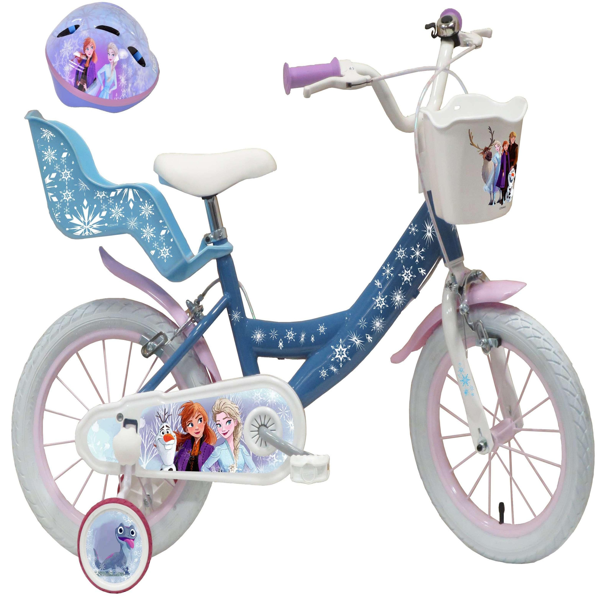 Disney La Reine des Neiges Vélo enfant - Modèle 14'' Reine des neiges + Casque pour enfant de 95/110 cm avec stabilisateurs - Panier avant - Porte poupée arrière - 2 freins et pneus gonflables