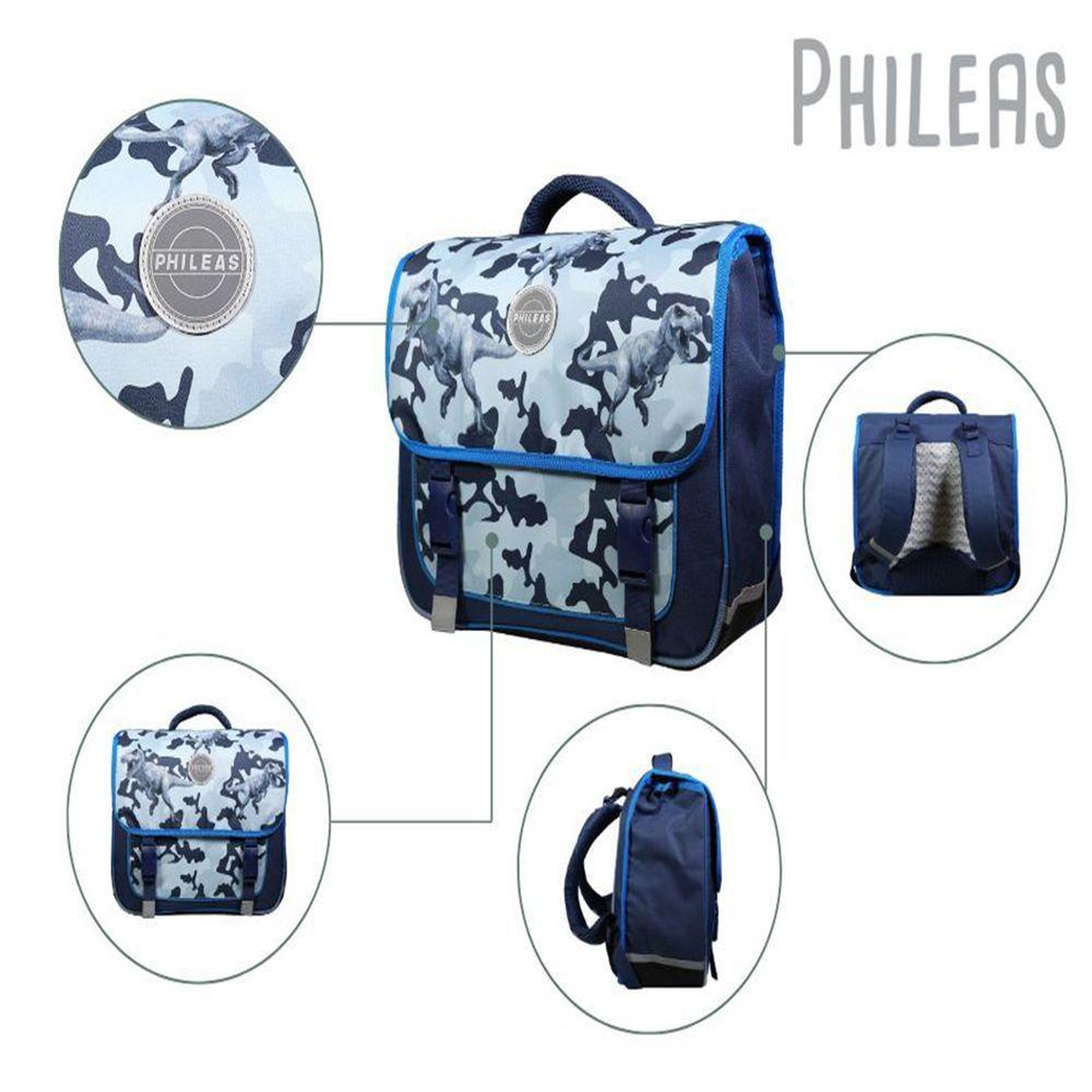 Voir la diapositive 5 : Bagtrotter BAGTROTTER Cartable 38 cm Phileas Dinosaures Bleu - Le Plus Confortable des Cartables - Ergonomie/Confort/Sécurité - Système Smart Comfort