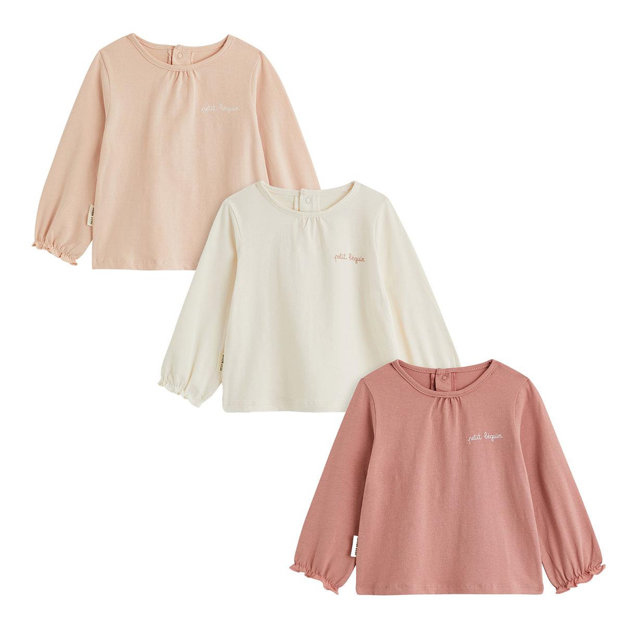 PETIT BEGUIN Lot de 3 t-shirts bébé manches longues. Coloris disponibles : Rose