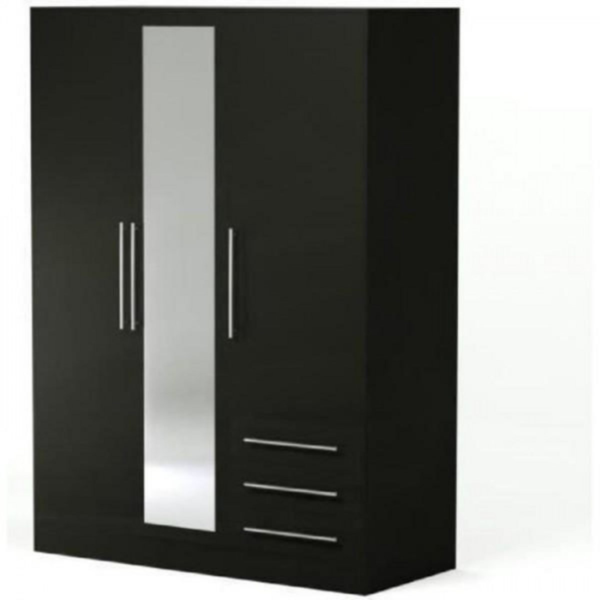MARKET24 Armoire 3 portes battantes avec miroir + 3 tiroirs - Bois aggloméré - Noir - L 144,6 x P 60 x H 200 cm - JUPITER