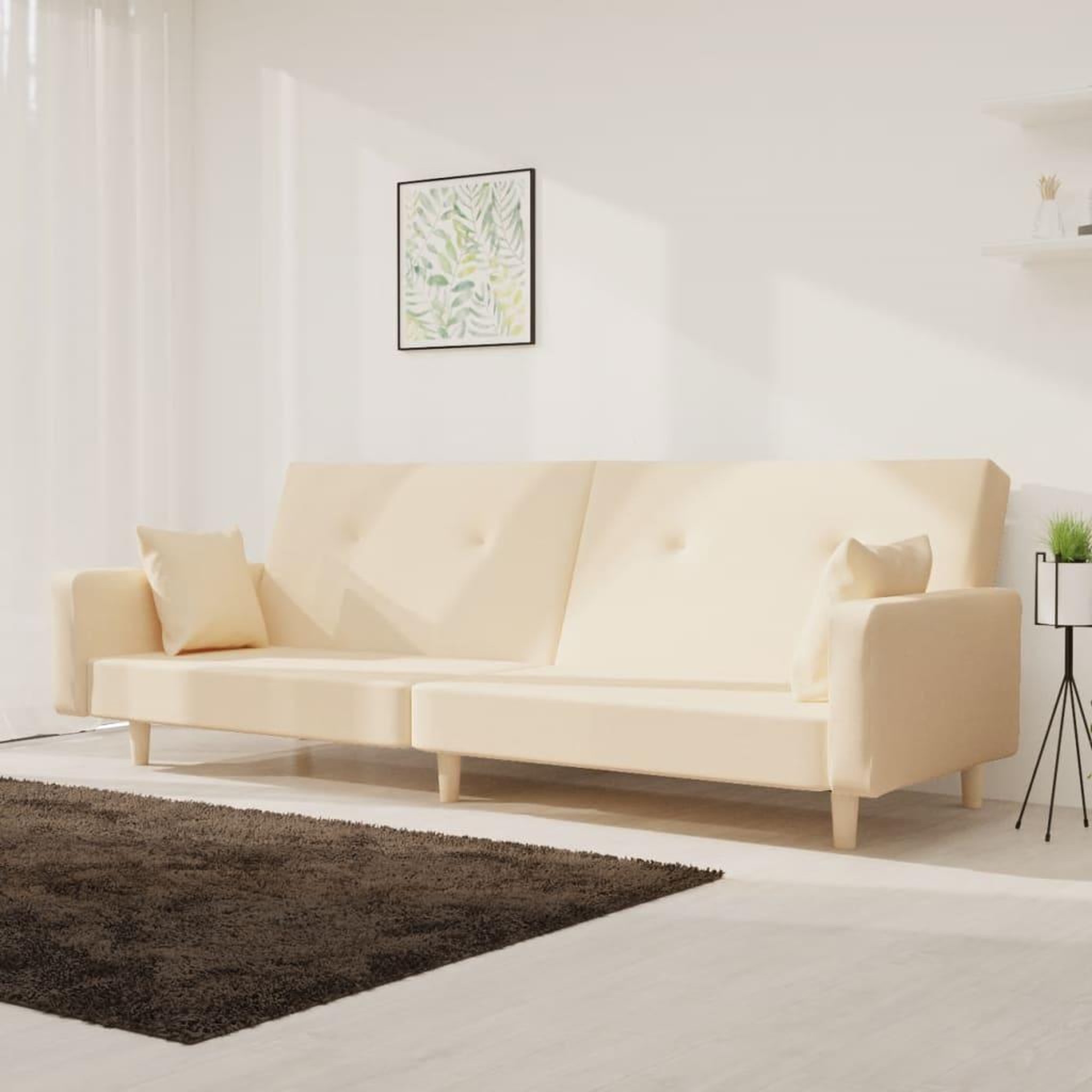 VIDAXL Canape-lit a 2 places avec deux oreillers creme tissu