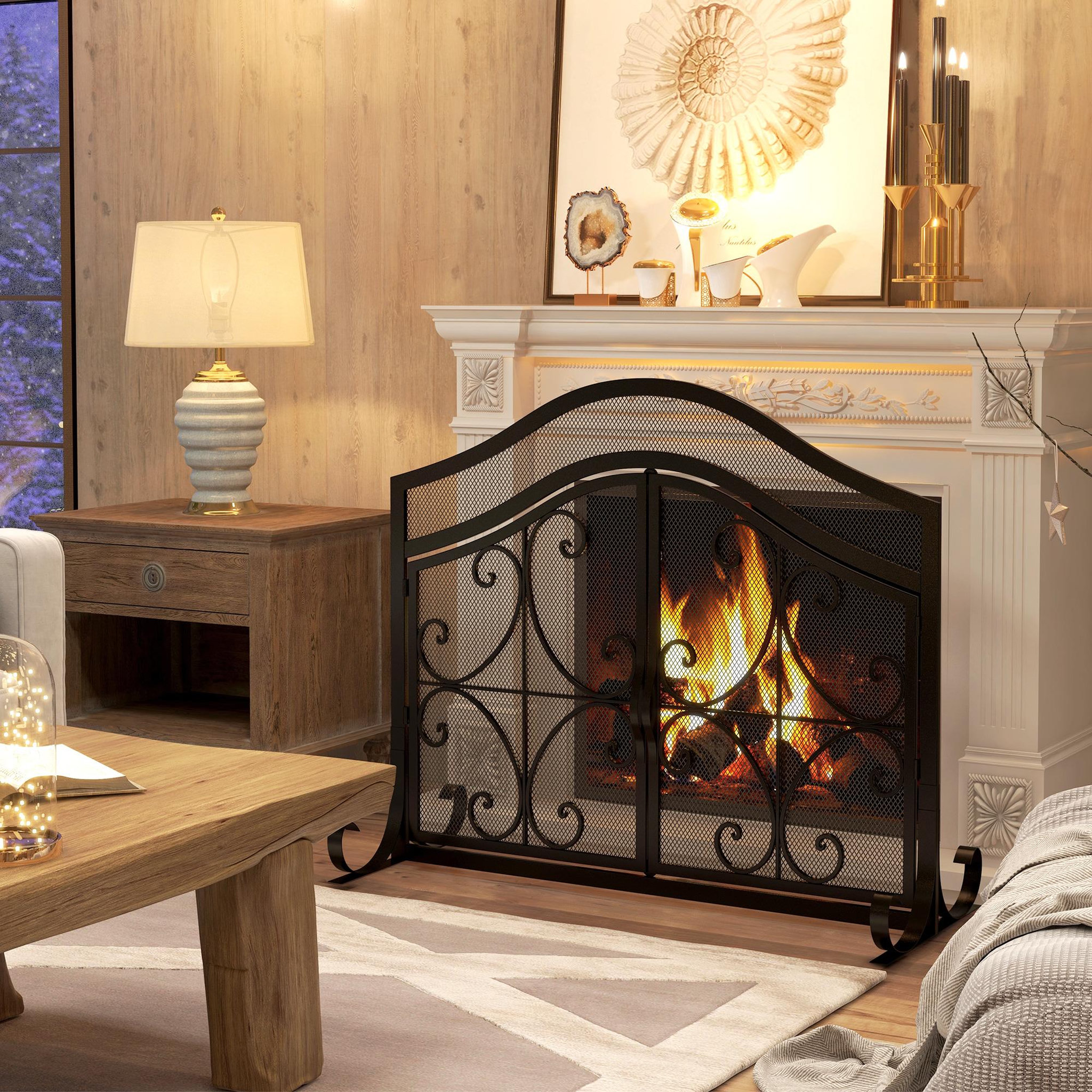 Voir la diapositive 2 : HOMCOM Pare-feu cheminée poêle style fer forgé - pare-étincelles 2 portes - dim. 105L x 40l x 80H cm - acier métal noir