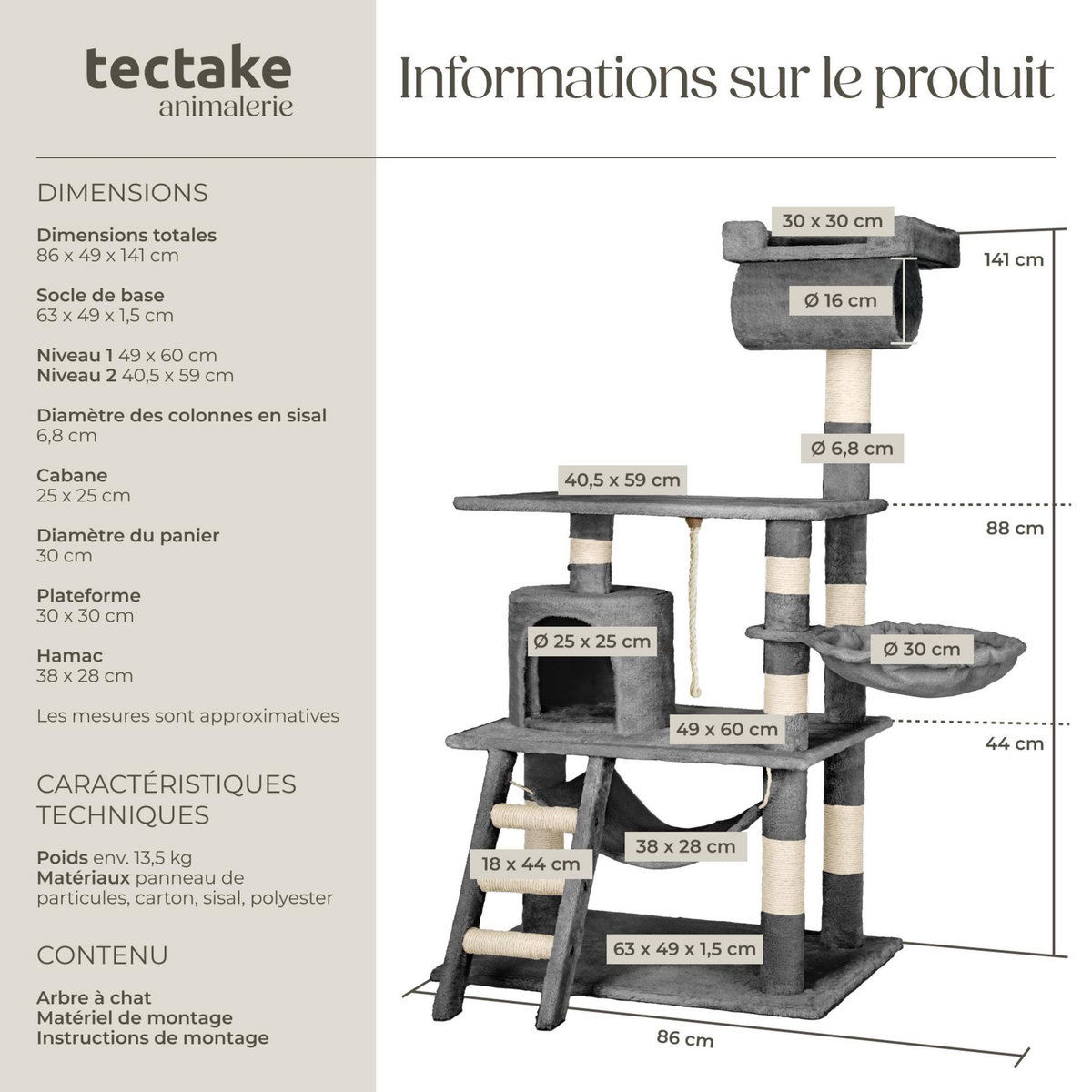 tectake Arbre à chat 141 cm avec griffoir et plateforme d'escalade gris
