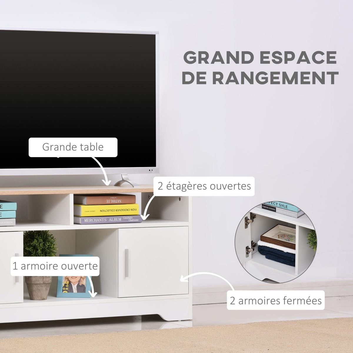 HOMCOM Meuble TV Banc TV en Bois Grand Espace de Rangement avec 2 Compartiments Ouverts 2 Armoires à Porte Une Armoire Ouverte 105 x 40 x 52 cm Blanc