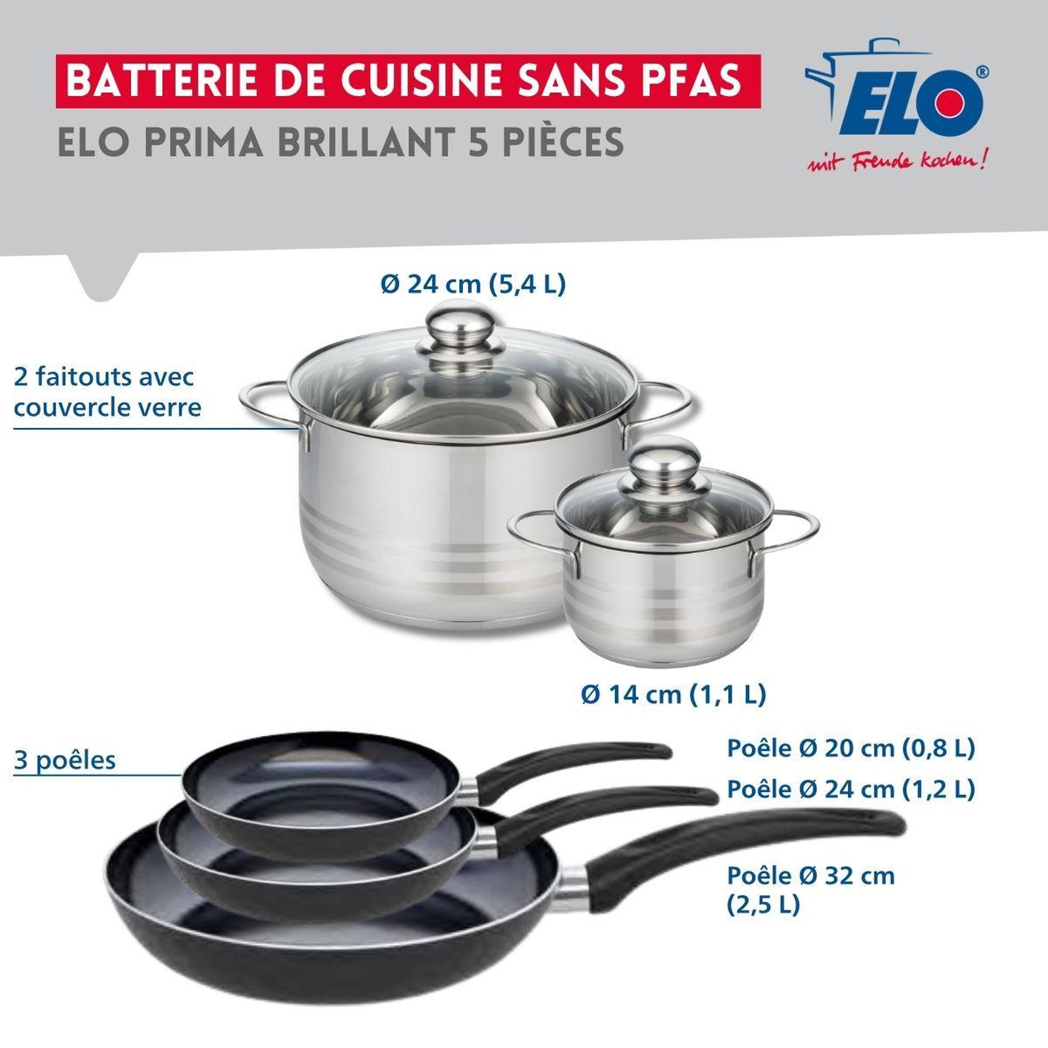 Voir la diapositive 2 : ELO Ensemble de 3 poêles de cuisson 20, 24 et 32 cm et 2 faitouts 14 et 24 cm elo prima brillant