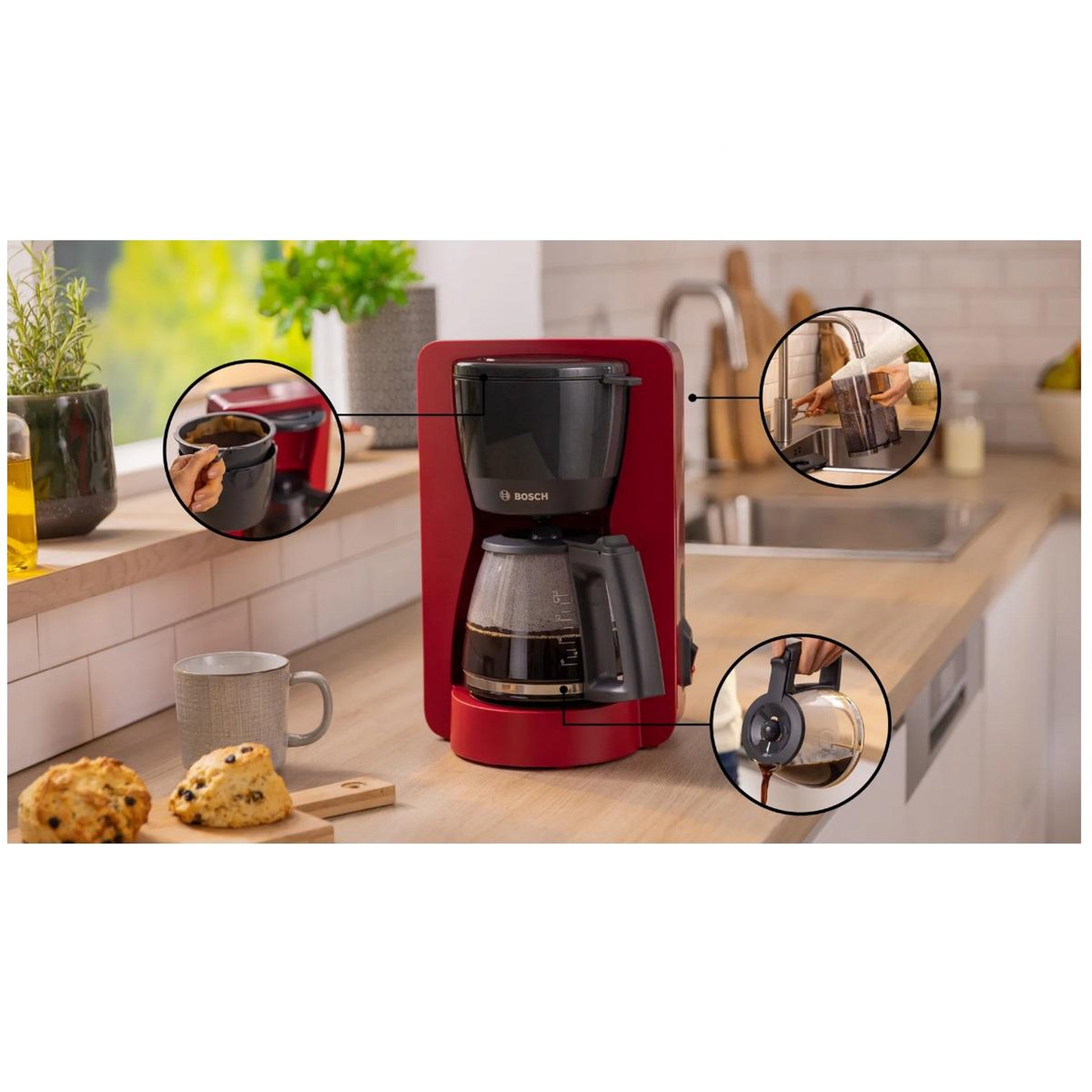 Voir la diapositive 2 : BOSCH Cafetière filtre 15 tasses 1200w rouge/noir - tka2m114