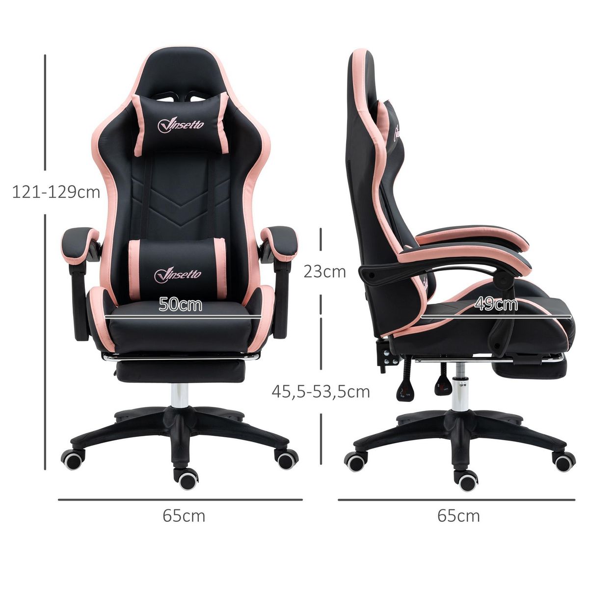 VINSETTO Chaise gaming - chaise de bureau gamer inclinable réglable repose-pieds rétractable coussins synthétique noir rose