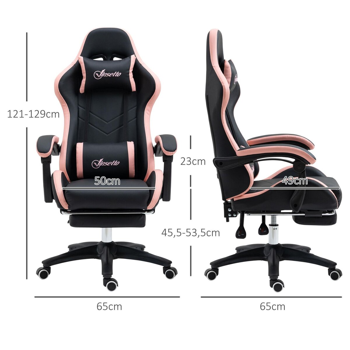 VINSETTO Chaise gaming - chaise de bureau gamer inclinable réglable repose-pieds rétractable coussins synthétique noir rose