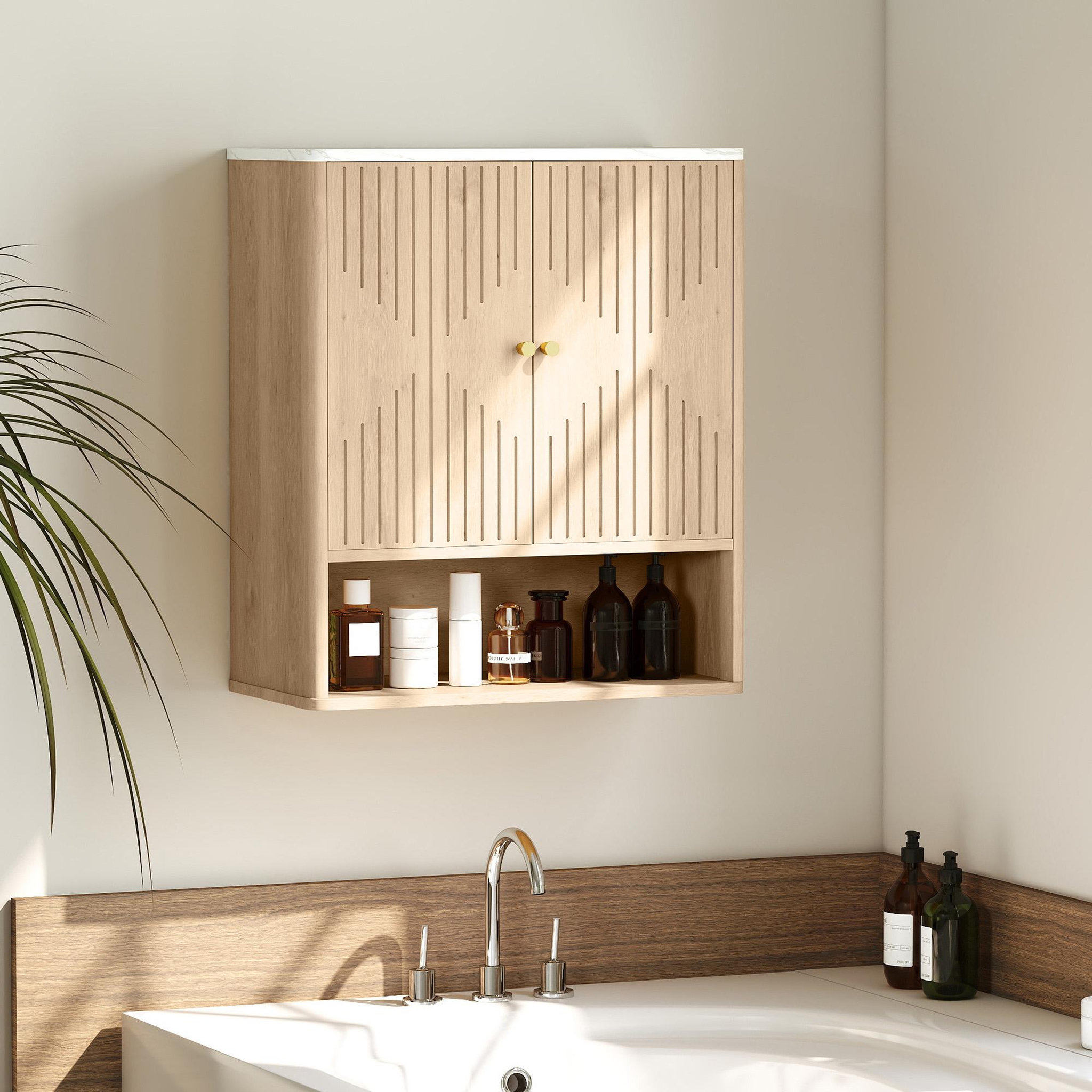 Voir la diapositive 2 : HOMCOM Armoire murale de salle de bain 2 portes étagère niche style bois naturel dim. 60 x 18 x 70 cm poignées métal doré