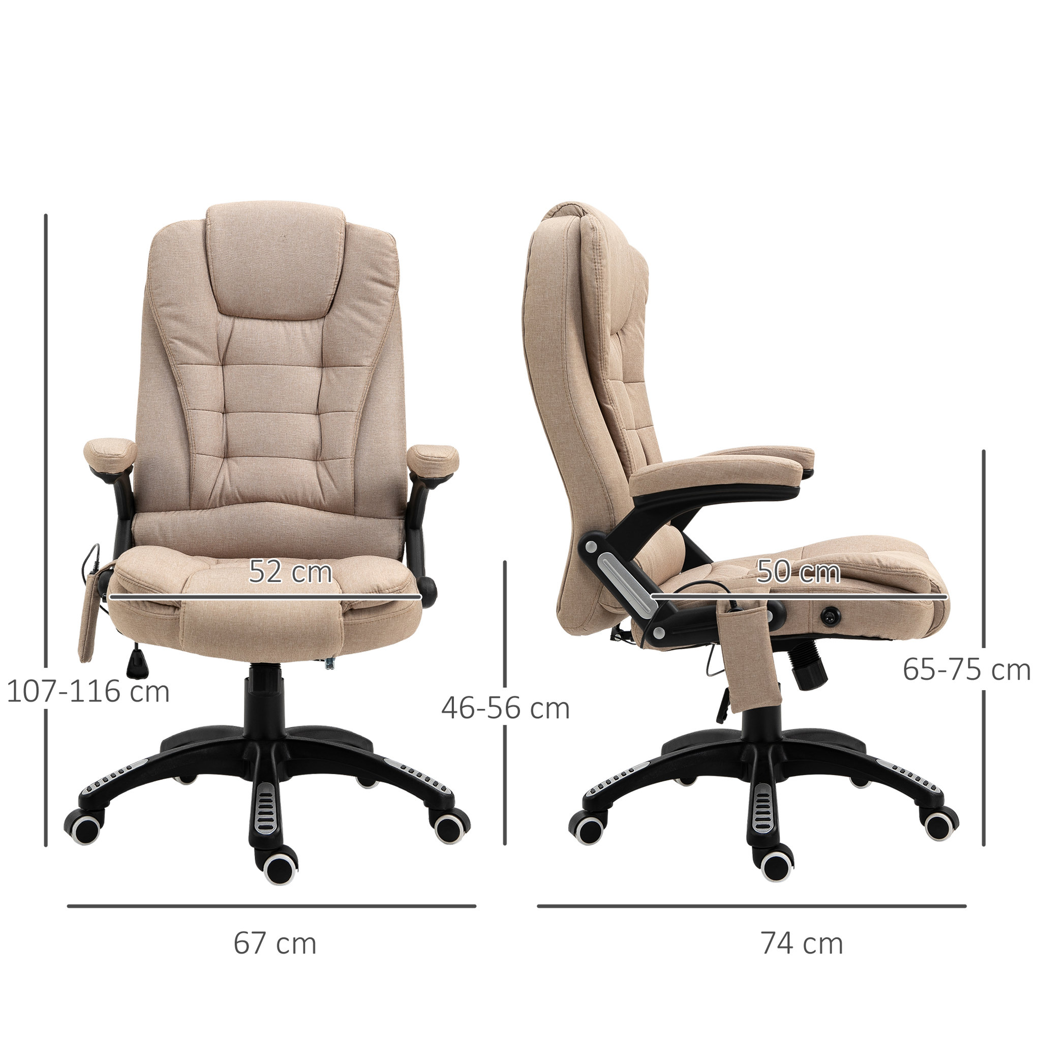 Voir la diapositive 3 : HOMCOM Fauteuil de bureau direction massant chauffant hauteur réglable dossier inclinable toile de lin beige