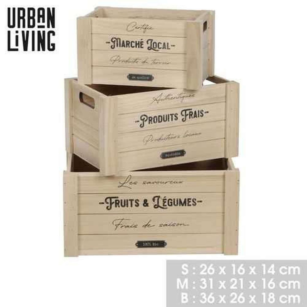 DIVERS Lot de 3 caisses rectangulaires en bois décoré - Beige
