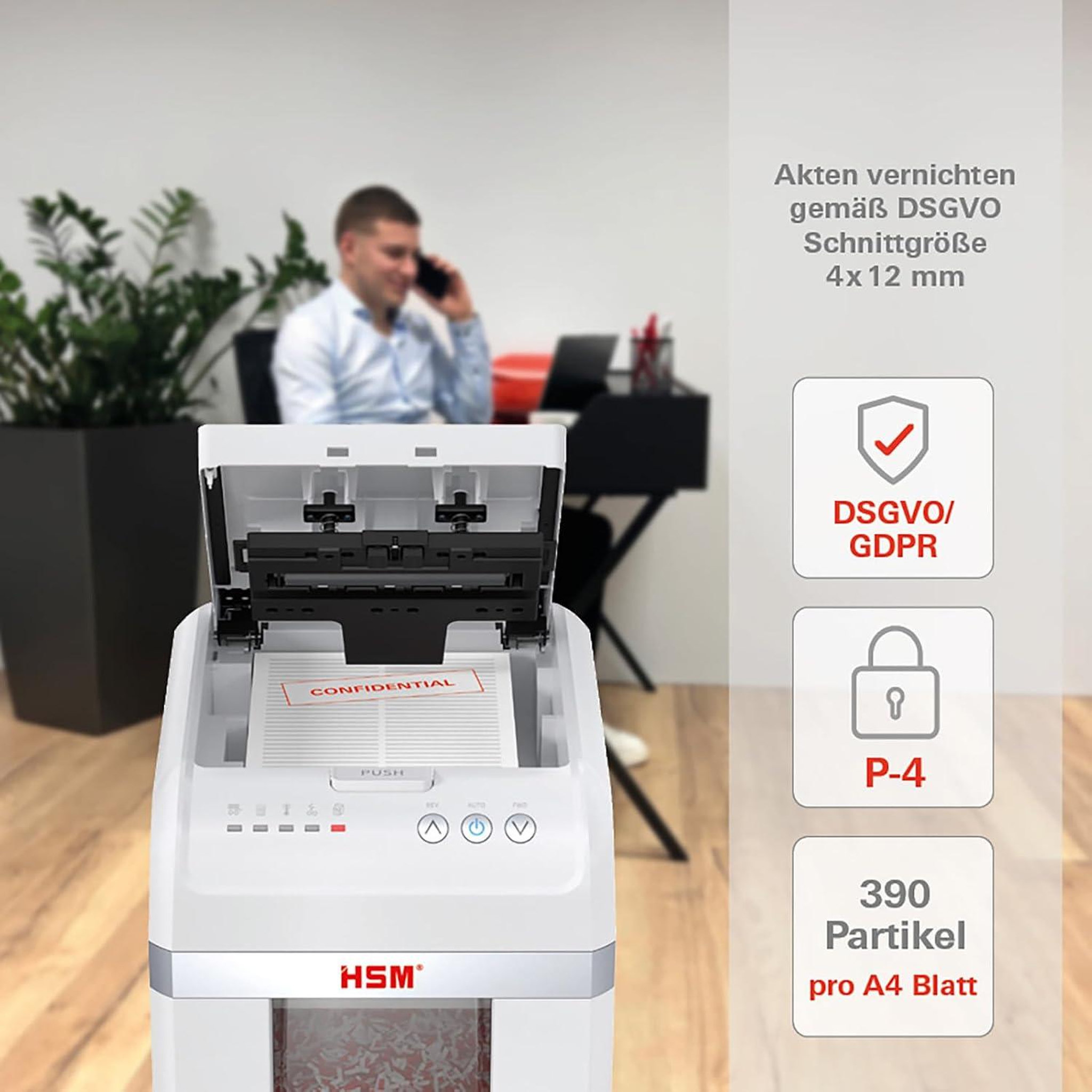 Voir la diapositive 5 : Hsm Destructeur de documents 300 feuilles coupe en particules 4x12mm - 1037111