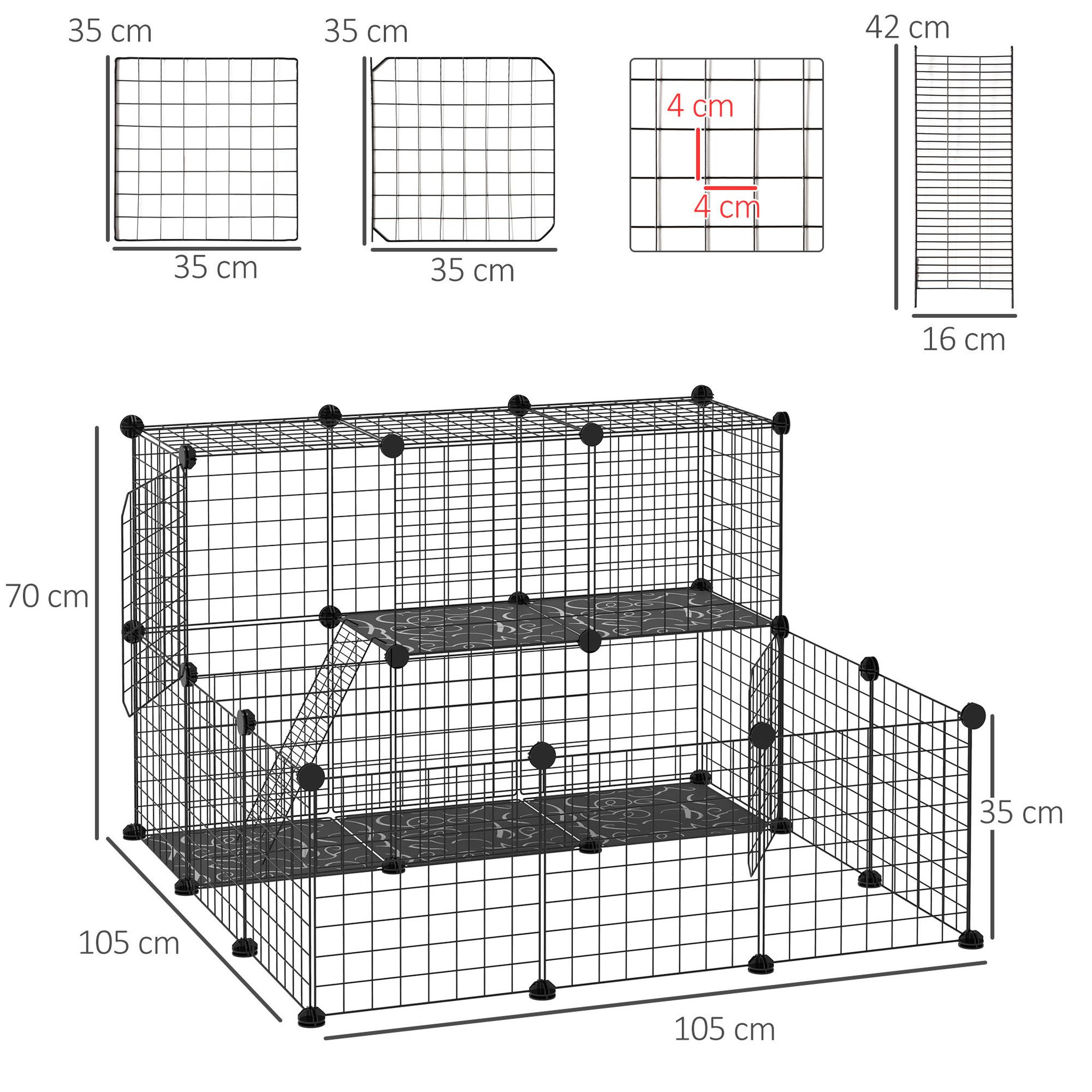 Voir la diapositive 3 : PAWHUT Cage parc enclos rongeurs modulable dim. L 105 x l 105 x h 70 cm 2 niveaux 2 portes rampe résine pp fil métallique noir