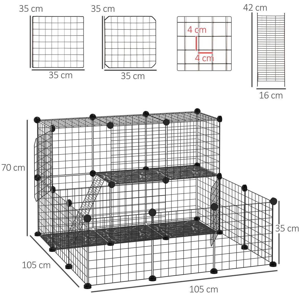 PAWHUT Cage parc enclos rongeurs modulable dim. L 105 x l 105 x H 70 cm 2 niveaux 2 portes rampe résine PP fil métallique noir