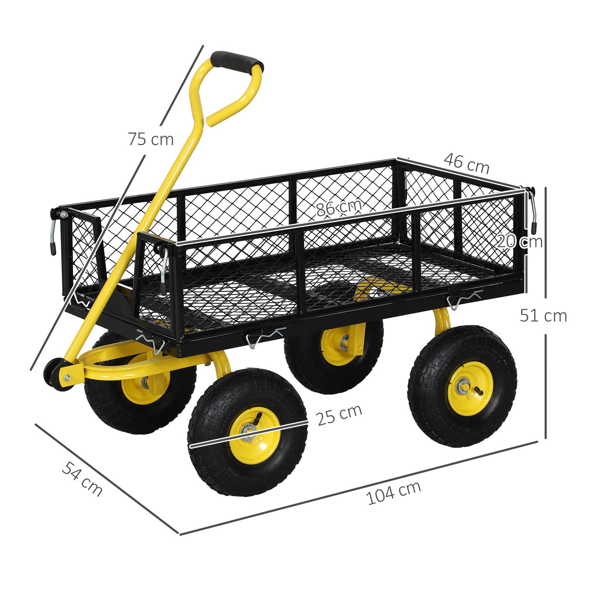 Voir la diapositive 3 : OUTSUNNY Chariot de jardin en acier - chariot de transport - côtés amovibles, poignée rotative - max. 200 kg - noir jaune