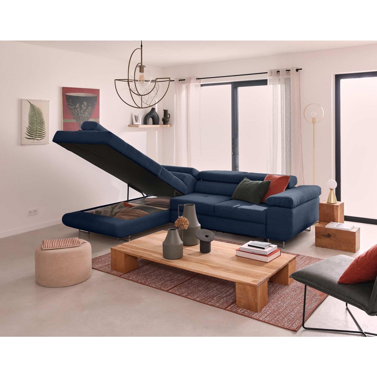 BEST MOBILIER Zaria - canapé d'angle gauche - convertible avec coffre et têtières réglables - 5 places - en velours côtelé