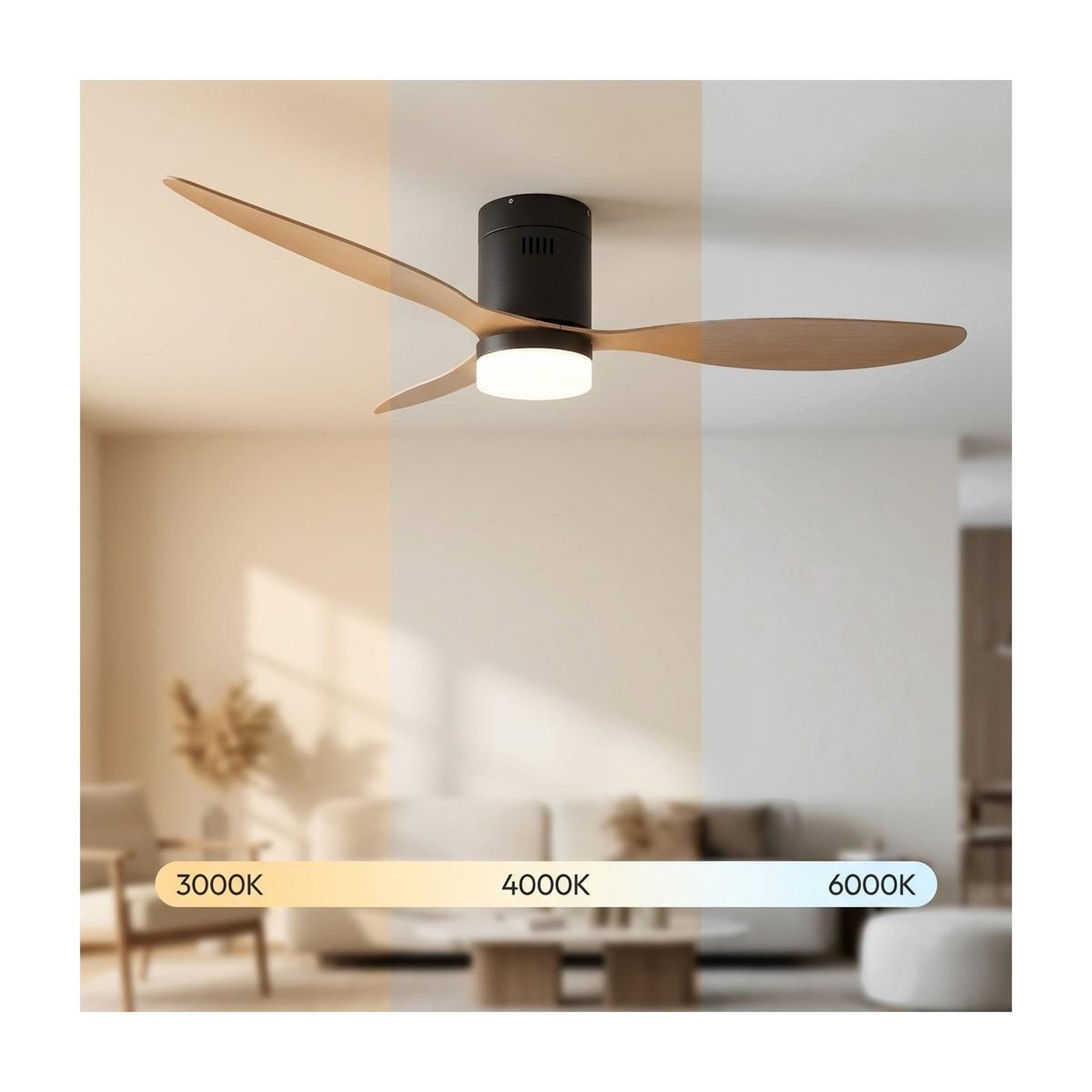 Voir la diapositive 2 : Jocca Ventilateur de plafond lumière led 40w noir silencieux 3pales effet bois 6vitesses télécommande mode été hiver minuterie jocca