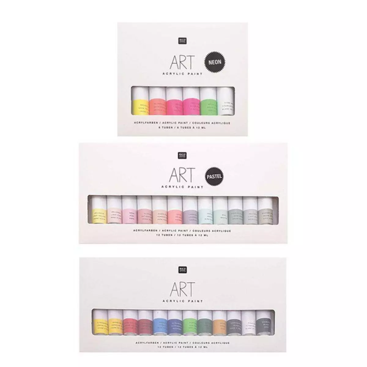 RICO DESIGN Set peinture acrylique - 12 Pastel 12 ml + 6 Fluo 12 ml + 12 Basique 12 ml