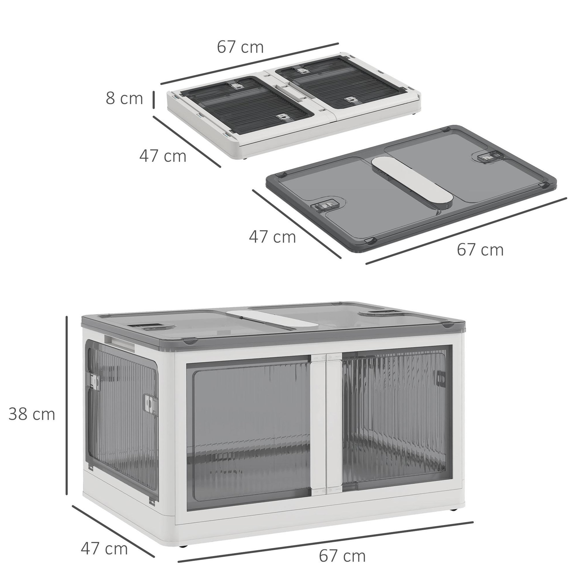Voir la diapositive 3 : HOMCOM Boîte de rangement plastique 99L pliable empilable couvercle 4 roulettes accès 5 côtés blanc gris