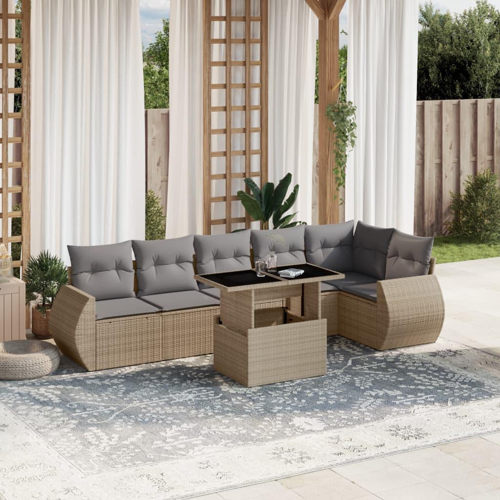 VIDAXL Salon de jardin avec coussins 7 pcs beige resine tressee