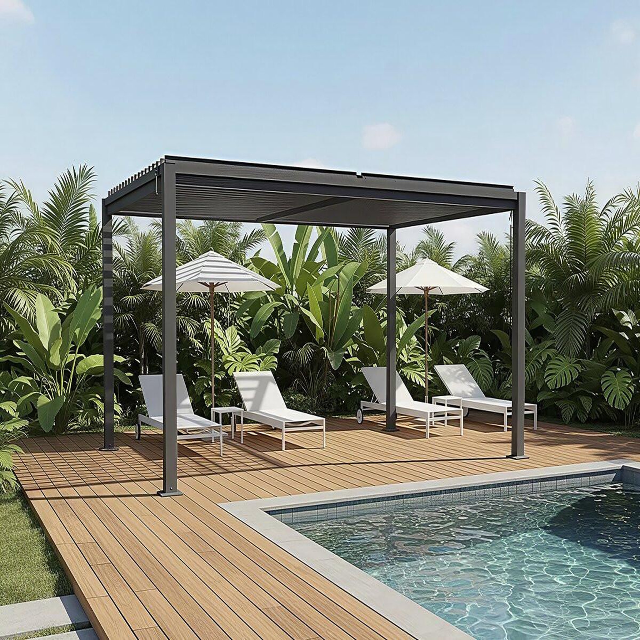 Voir la diapositive 2 : Habitat et Jardin Pergola bioclimatique autoportante avec lames orientables  howard  - 3 x 4 m - gris