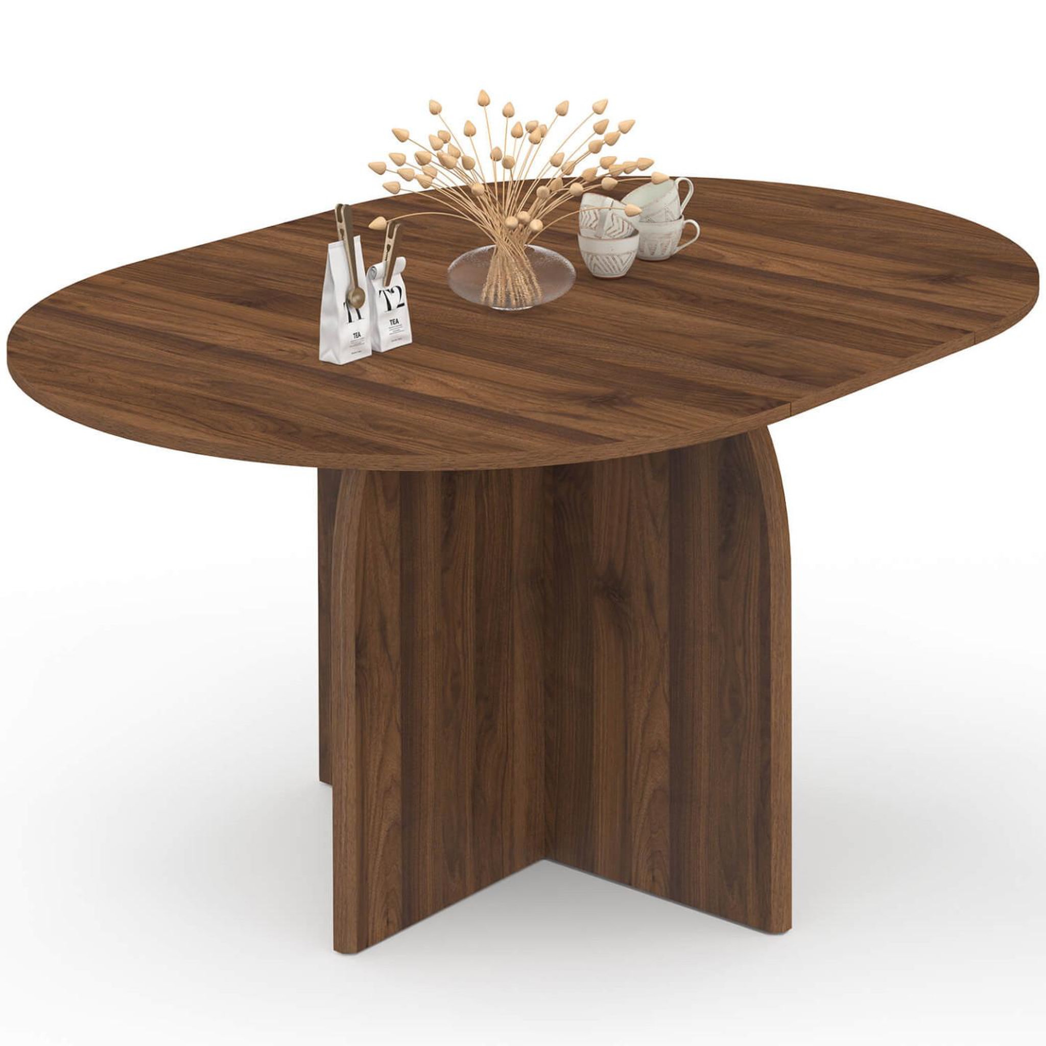 ID MARKET Table à manger extensible japandi ronde edith 4-8 personnes pied central design arrondi noyer 110-150 cm