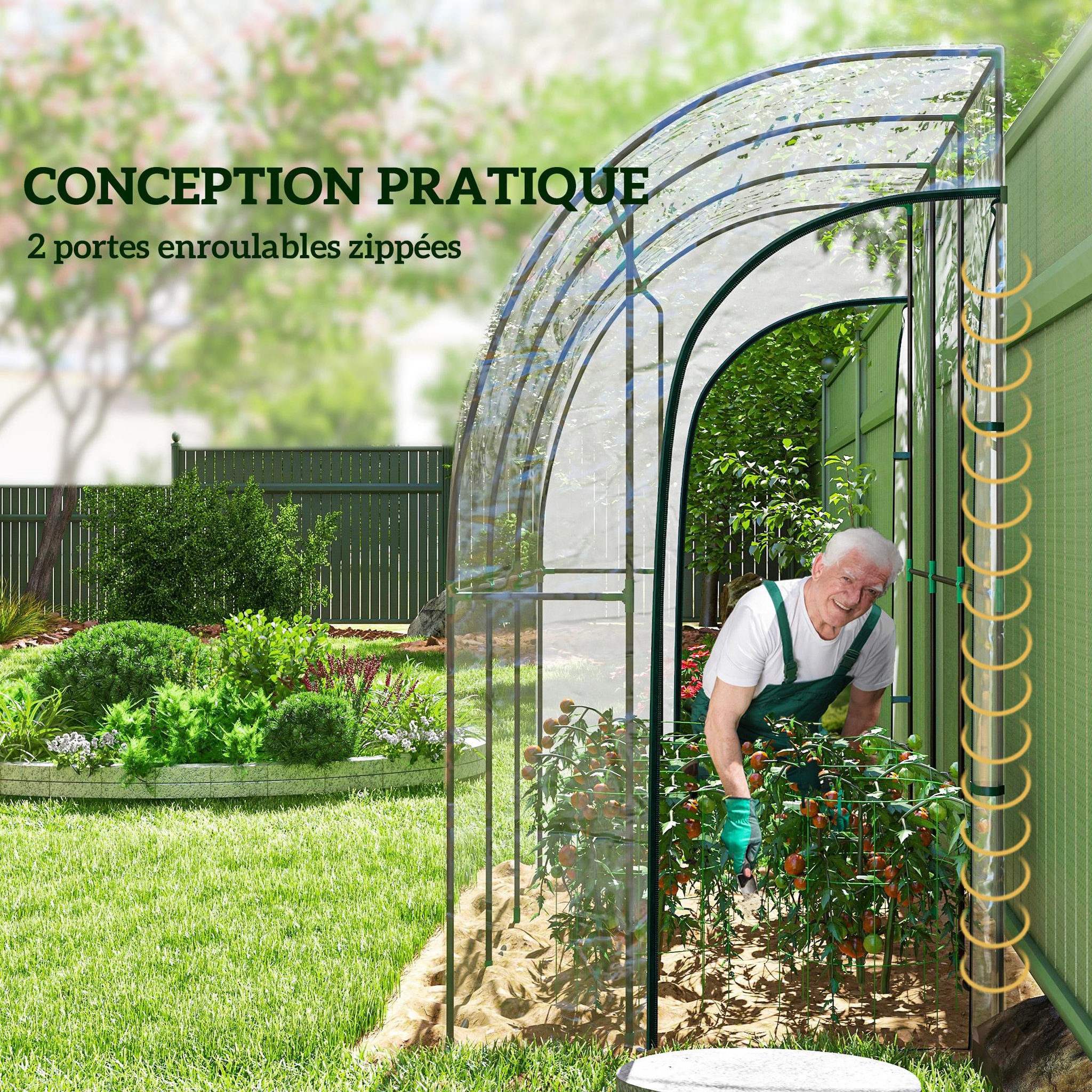 Voir la diapositive 5 : OUTSUNNY Serre de jardin adossée serre adossée dim. 2,14L x 1,18l x 2,12H m 2 portes zippées enroulables acier PVC transparent