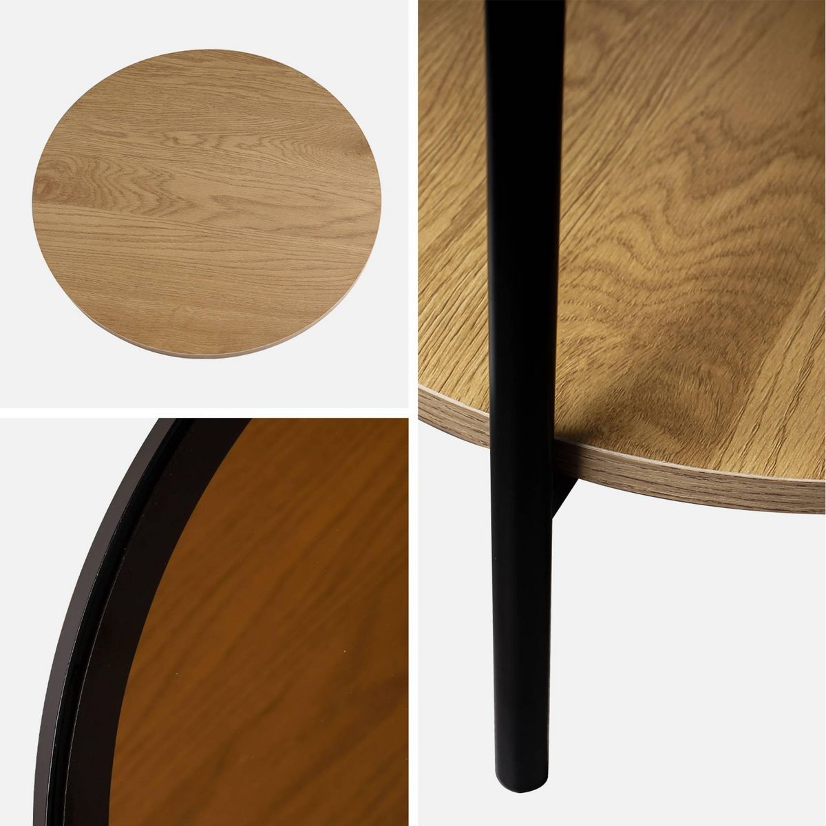 SWEEEK Table basse / d'appoint ronde 52 x 52 cm effet bois et métal noir. 2 plateaux dont un en verre trempé