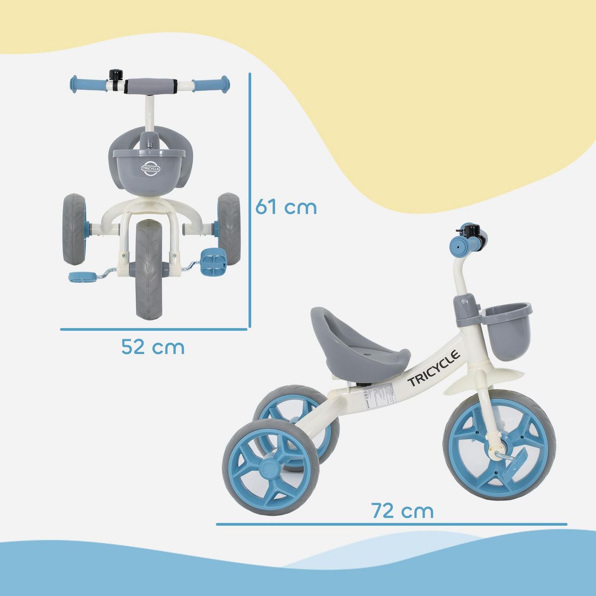 HOMCOM Tricycle enfant multi-équipé garde-boue avant sonnette pédales antidérapantes selle avec dossier bleu blanc gris
