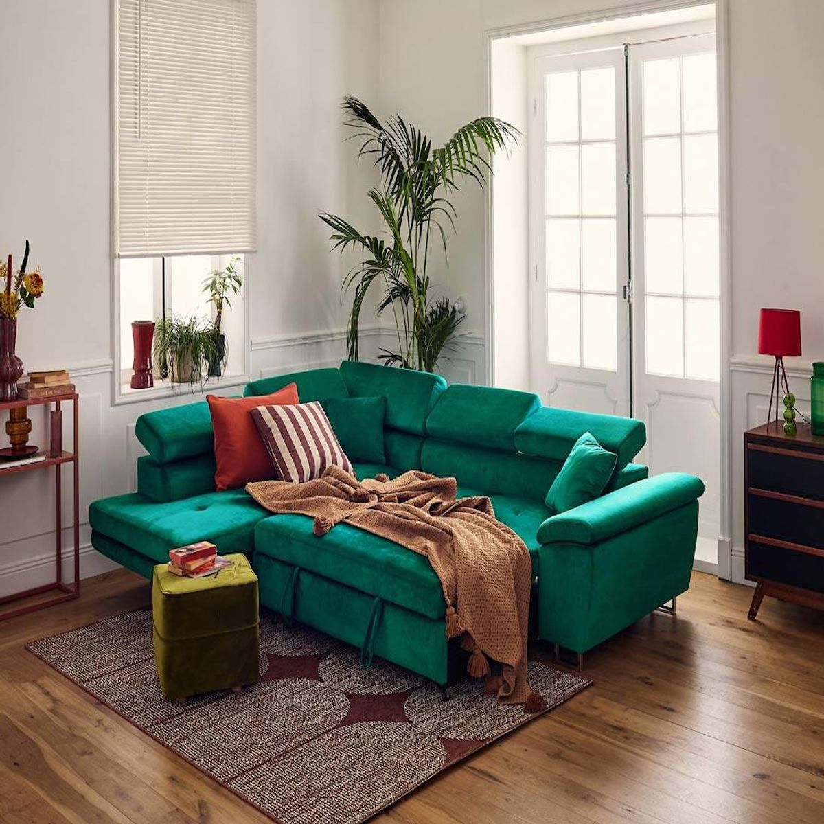 BEST MOBILIER Dimas - canapé d'angle gauche 5 places - convertible avec coffre et têtières réglables - en velours