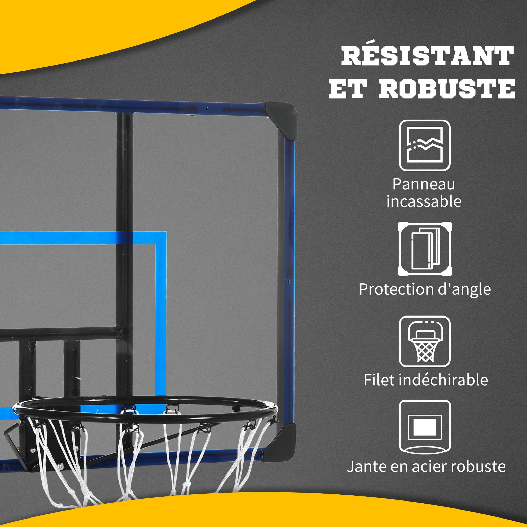 Voir la diapositive 5 : HOMCOM Panier de basket-ball mural - panneau de basket à accrocher - visserie incluse - acier pc bleu noir