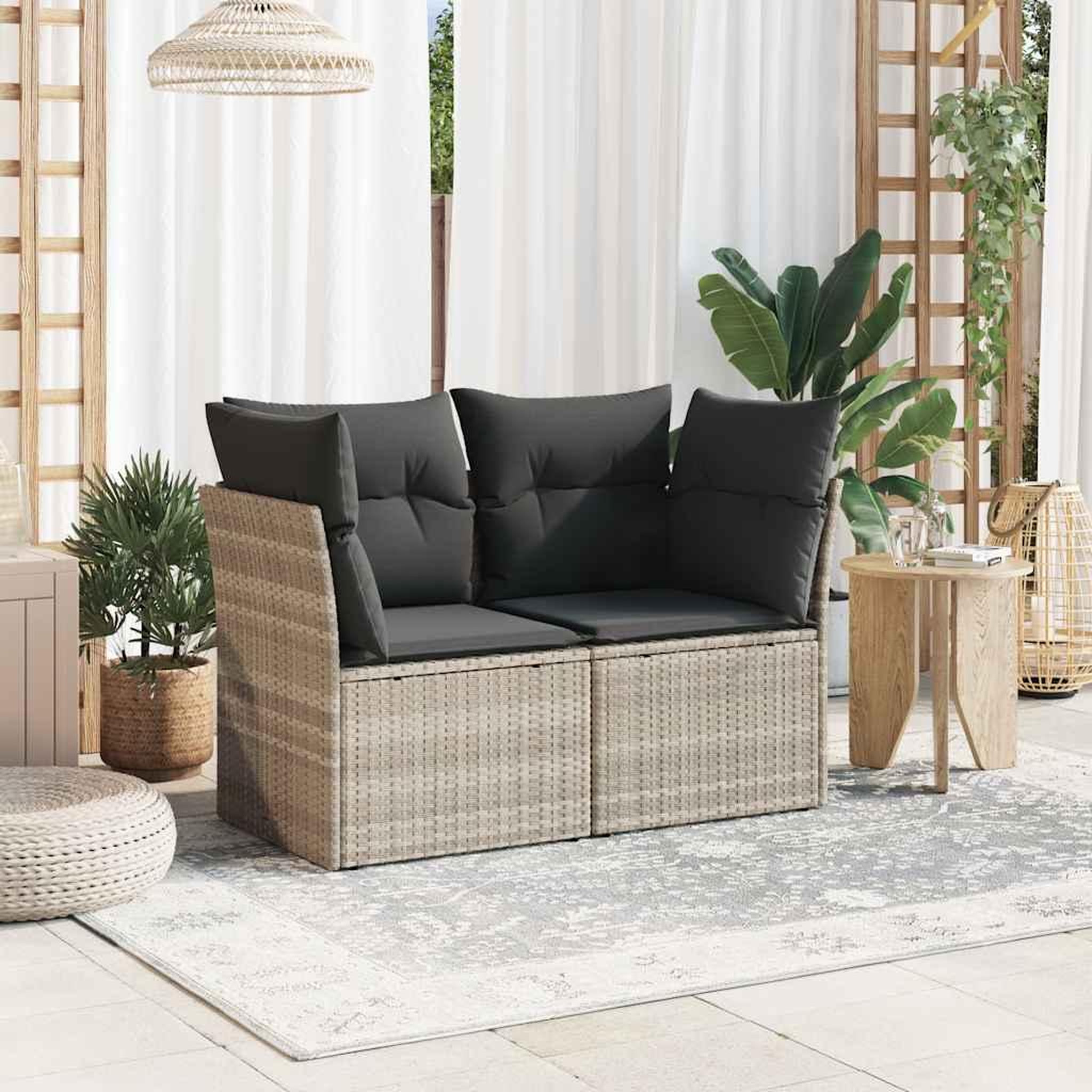 Voir la diapositive 3 : VIDAXL Canape de jardin 2 places et coussins gris clair resine tressee