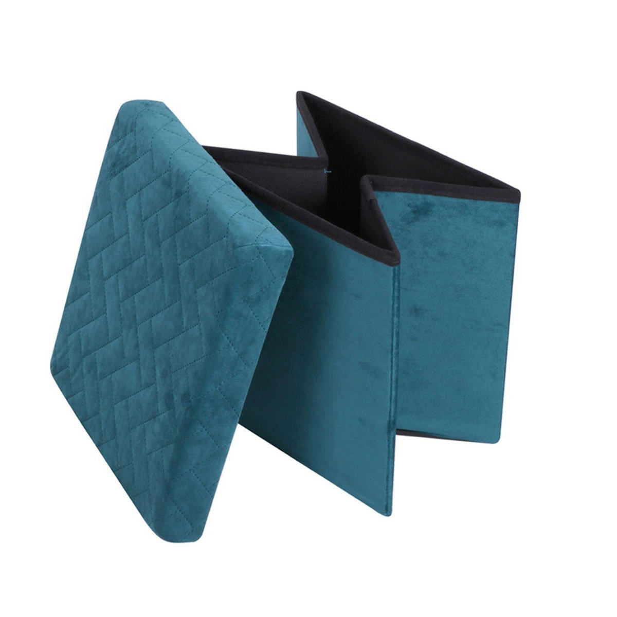 TOILINUX Pouf de rangement pliable Kube en velours - Bleu Vert