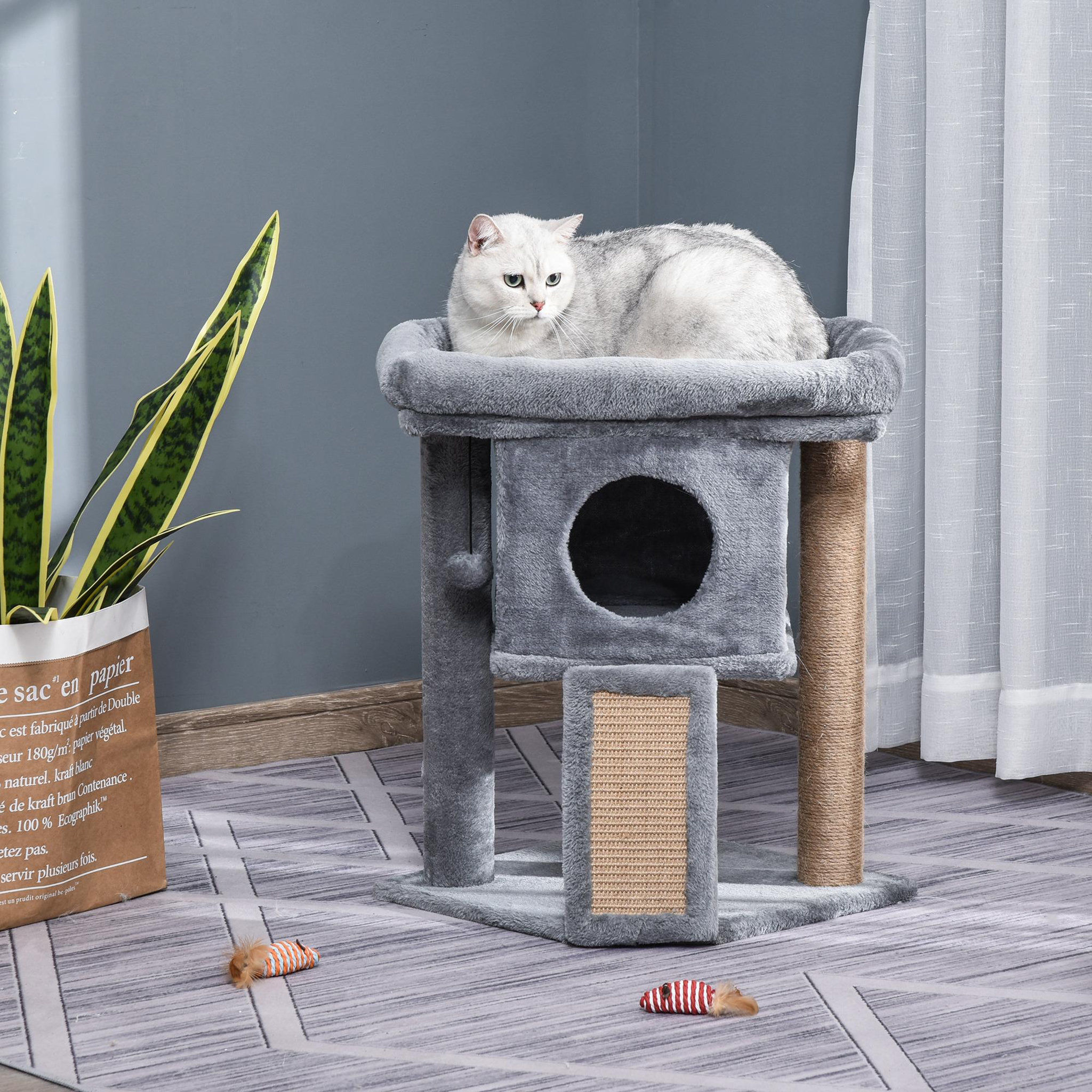 Voir la diapositive 4 : PAWHUT Arbre à chat grattoir griffoir niche panier d'observation boule peluche gris